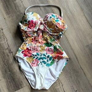 Johnny Was White Floral One-Piece Swimsuit with Multicolor Flowers